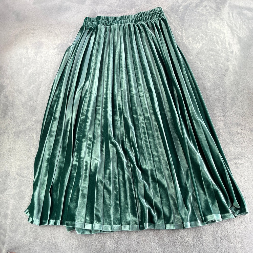 On 34th Velvet Pleated Midi Skirt M Emerald Green Elastic Waist Modest Spring - Picture 8 of 11